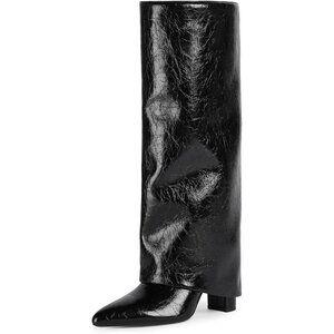 Women B-black Faux Leather Fold Over Knee High Chunky High Heels Long Boots